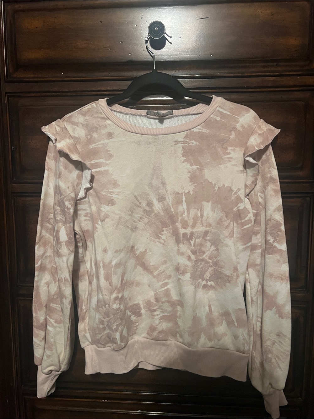 Marled Pink Tie-Dye Ruffle Shoulder Sweatshirt